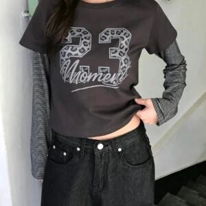 豹紋數字條紋疊穿假兩件T-Shirt