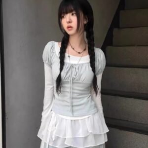 蝴蝶結綁帶疊穿假兩件上衣
